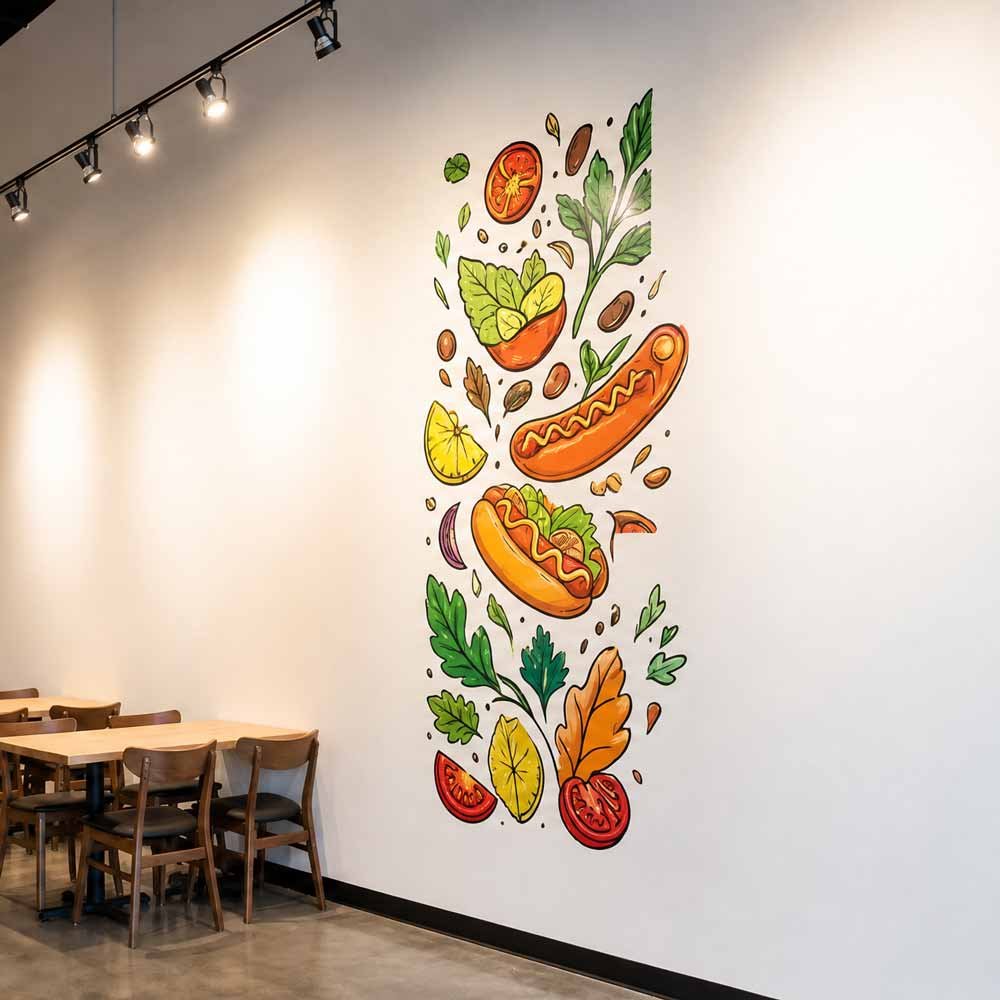 Drukowanie grafiki na ścianie drukarką UV w restauracji